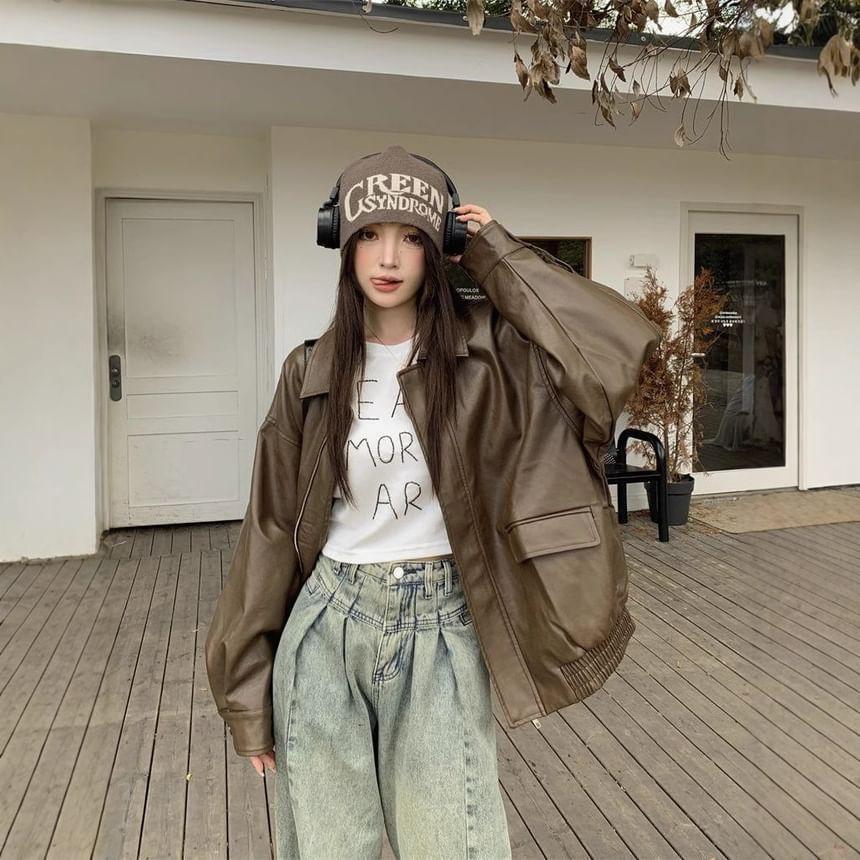 Long Sleeve Plain Faux Leather Loose-Fit Jacket Product Image
