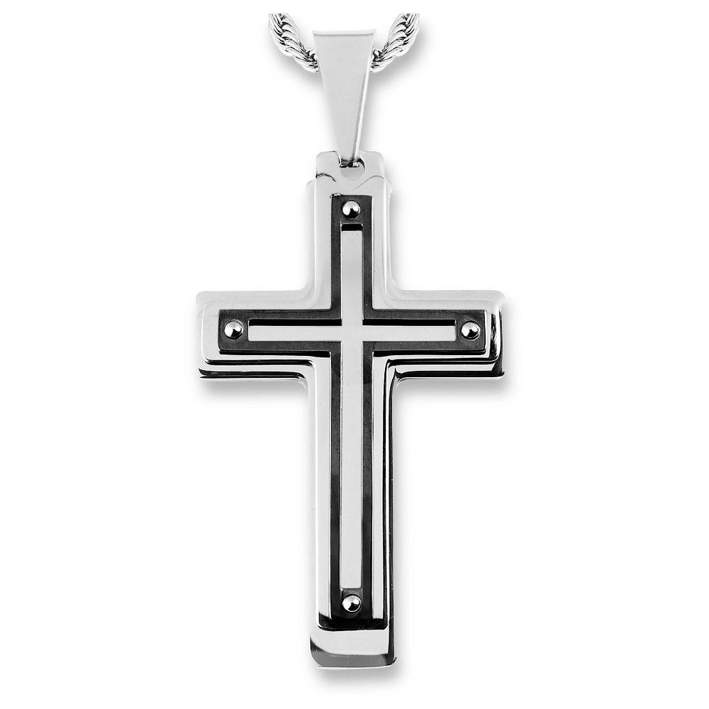 Men's West Coast Jewelry Silvertone and Blackplated Stainless Steel Multi-layer Cross Pendant Product Image