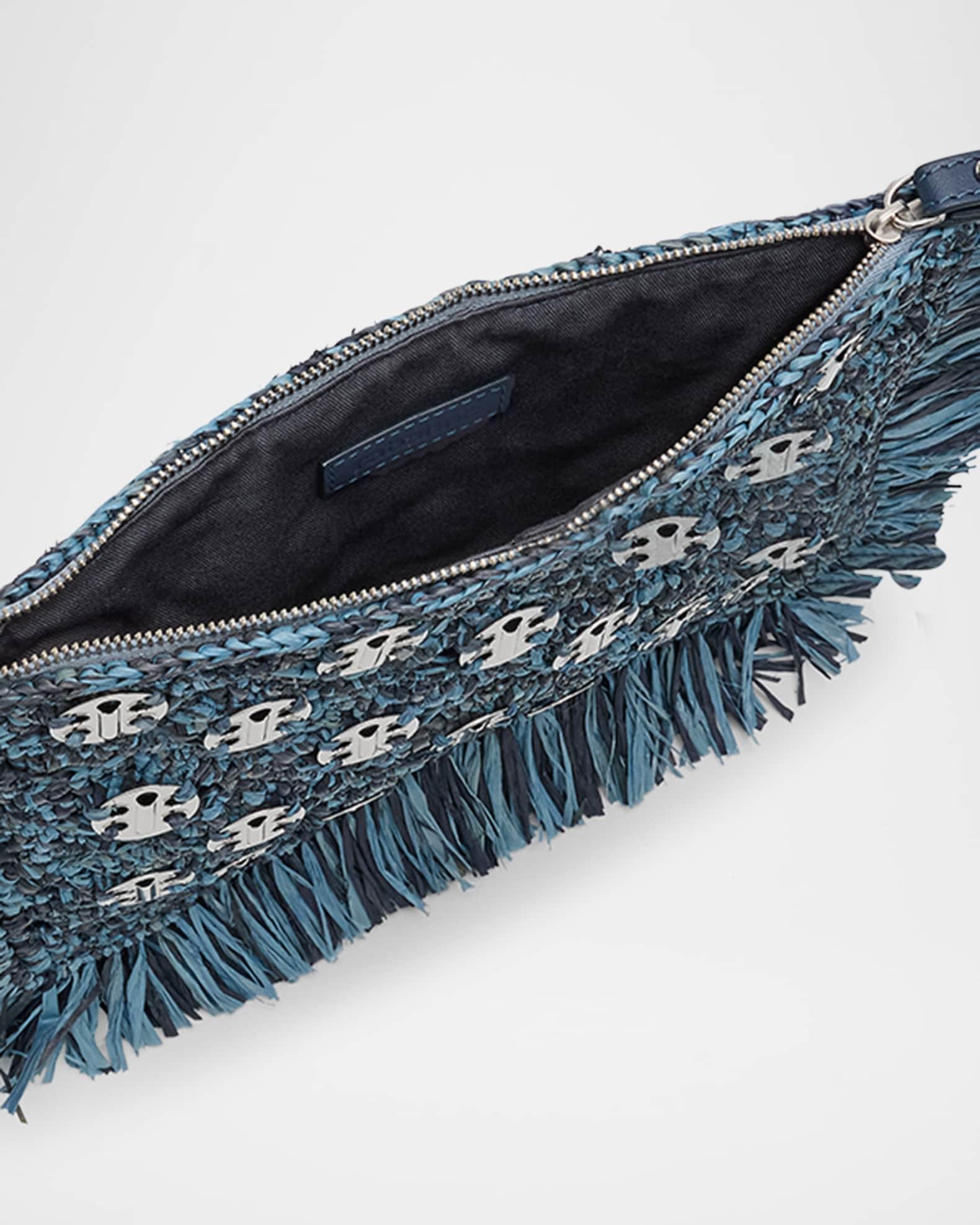 Fringed Denim Raffia Disc Pouch Bag Product Image