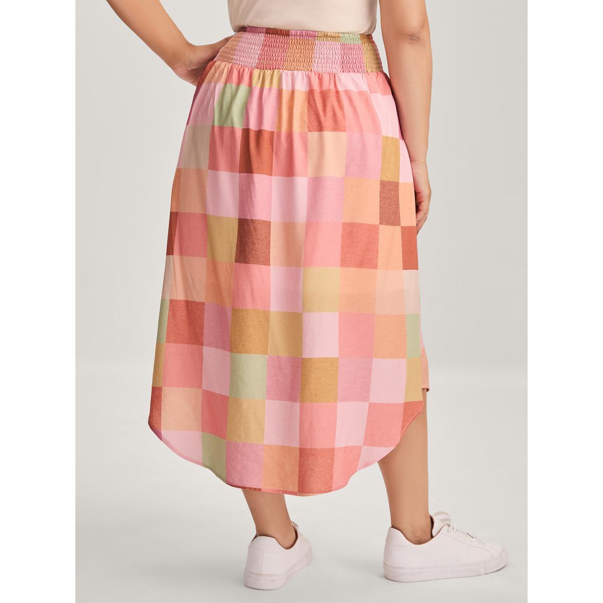 Plus Size Colorful Patchwork Shirred Waist Midi Skirt Women Nudepink Loose No stretch Side seam pocket Vacation Skirts BloomChic 18-20/2X Product Image