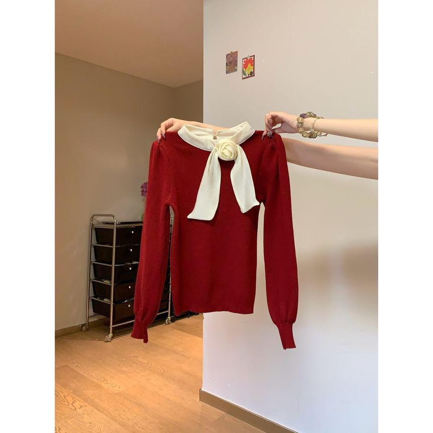 Mock Neck Flower Detail Panel Ribbed Sweater Product Image
