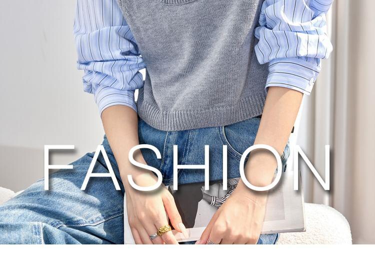 Long-Sleeve Collared Mock Two-Piece Striped Knit Panel Blouse Product Image