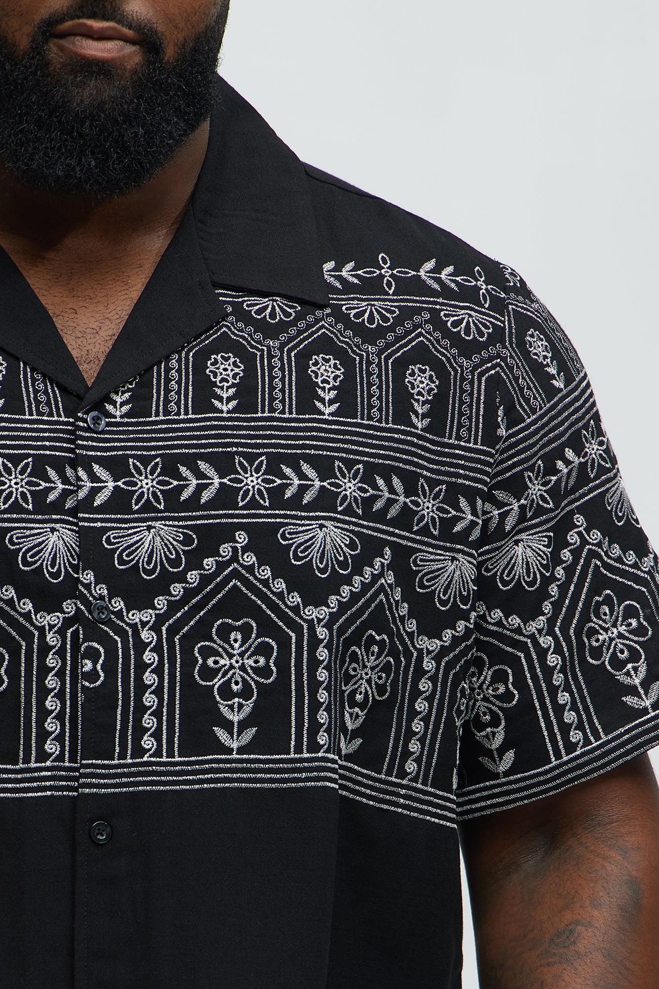Embroidered Floral Cuban Collar Button Up Shirt - Black/combo Product Image