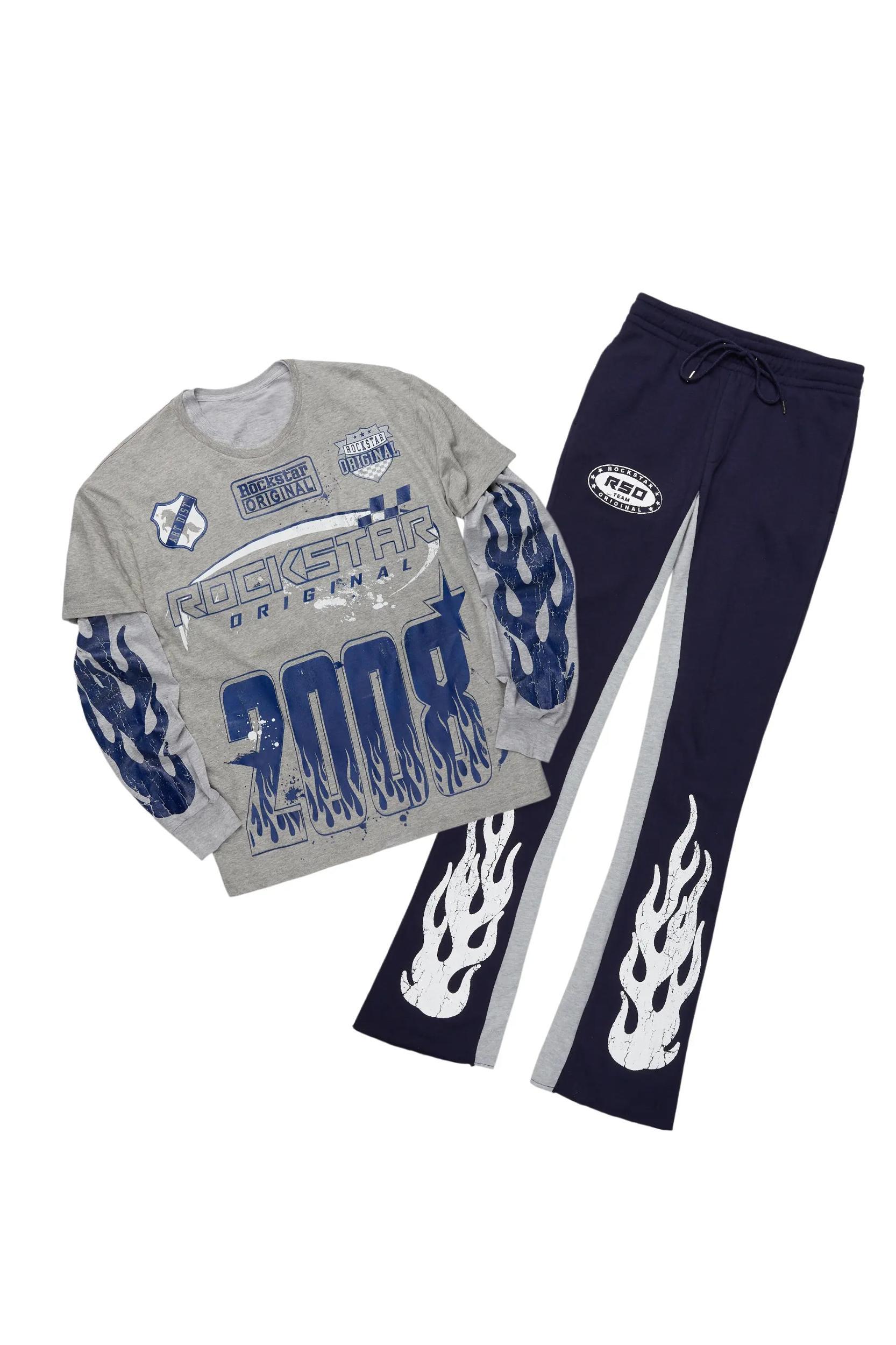 Amos Heather Grey Double Layer T-Shirt/Stacked Baggy Pant Set Male Product Image
