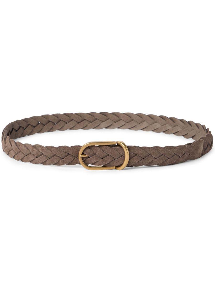 BRUNELLO CUCINELLI Woven Suede Belt With Rounded Buckle And Metal Loop In Brown Product Image