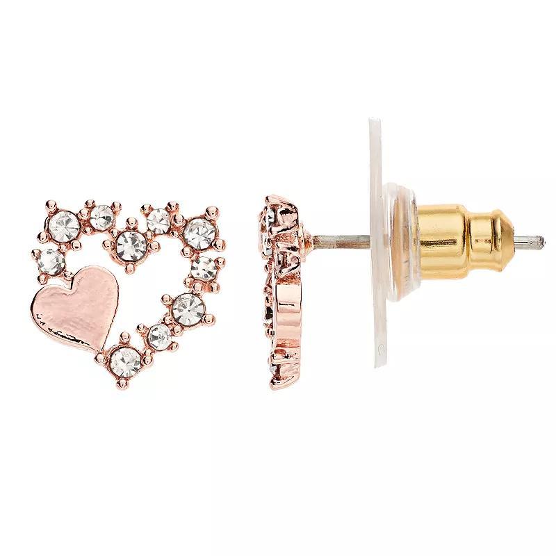 LC Lauren Conrad Simulated Crystal Heart Nickel Free Button Earrings, Women's, Rose Gold Tone Product Image