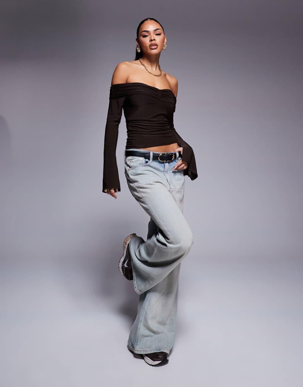 ASOS DESIGN ruched front bardot top in chocolate Product Image