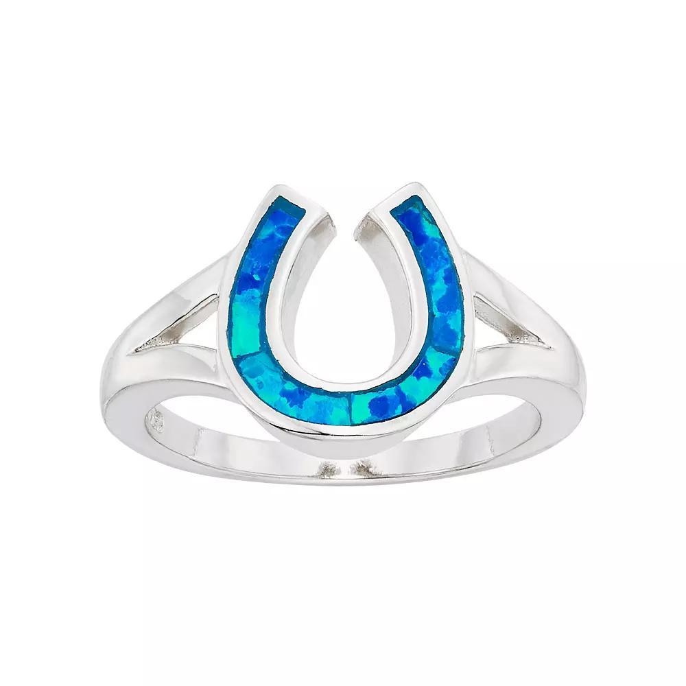 Lab-Created Blue Opal Sterling Silver Horseshoe Ring, Womens Product Image