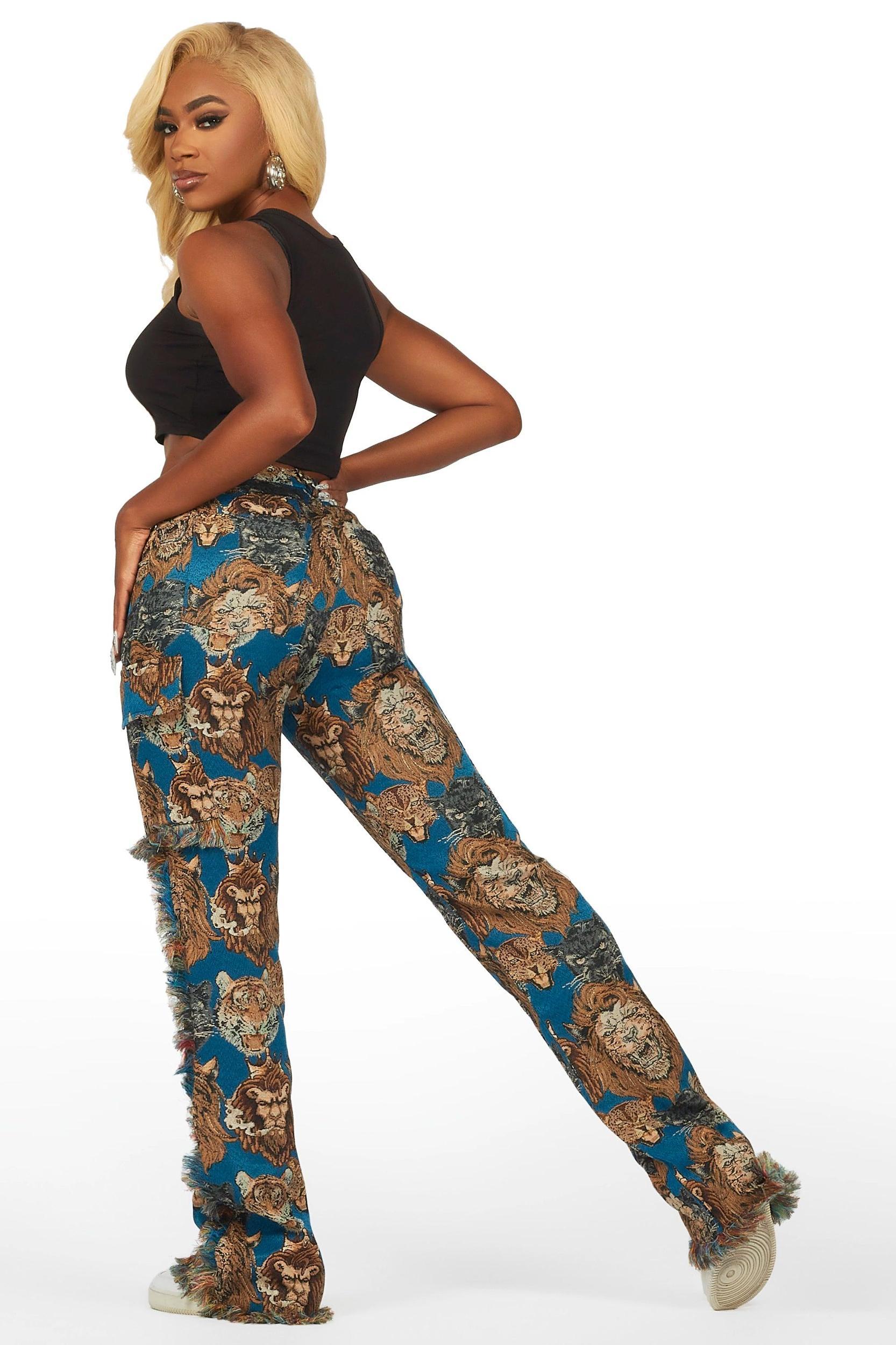 Khadiyah Blue Animal Print Tapestry Stacked Pant Female Product Image