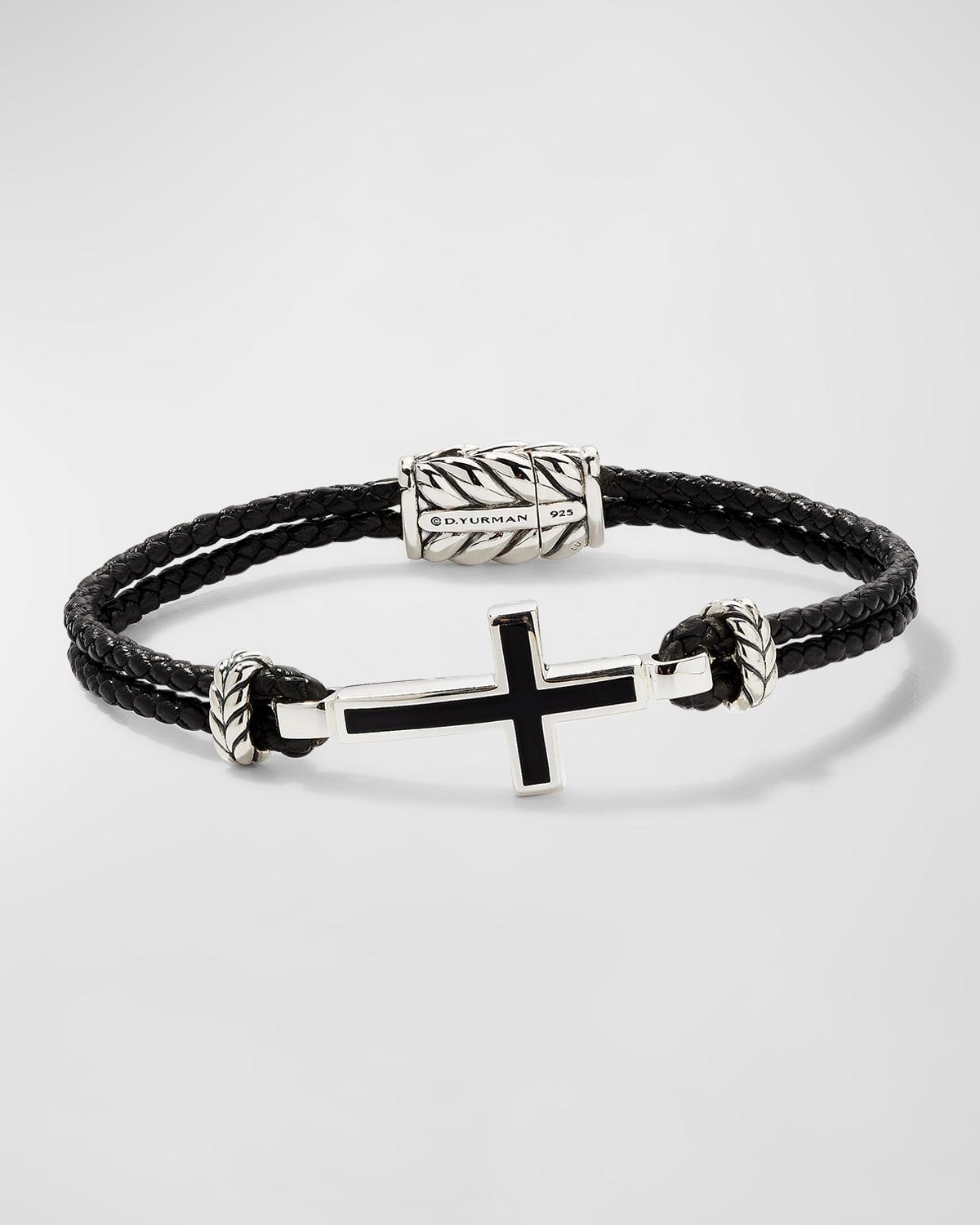 Mens Exotic Stone Cross Bracelet in Black Leather Product Image