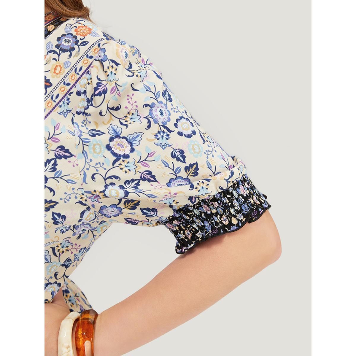 Plus Size Bandana Print Surplice Neck Pocket Shirred Puff Sleeve Dress Aegean Women Vacation Overlap Collar Short sleeve Curvy Midi Dress BloomChic 28/5X Product Image