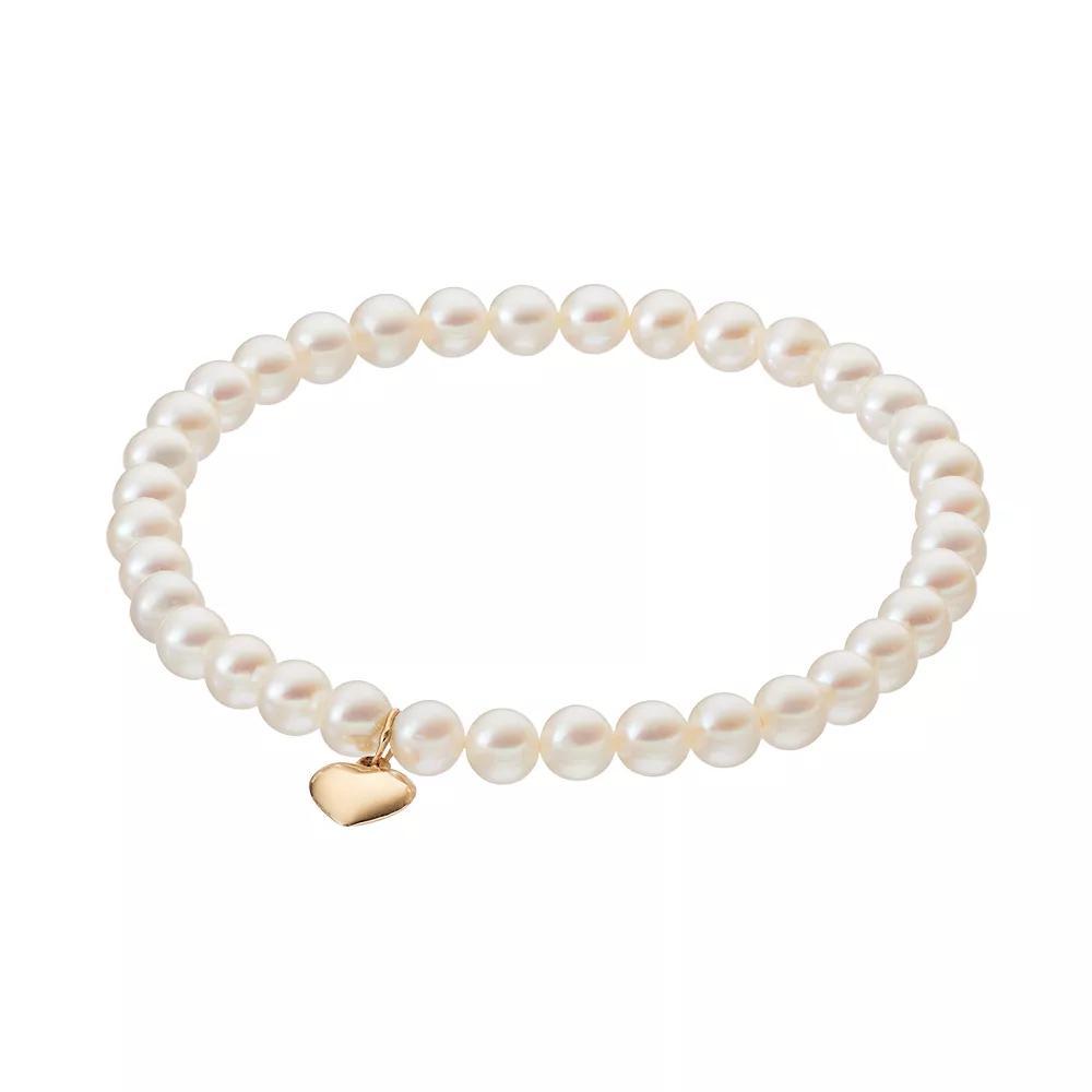 Freshwater Cultured Pearl 14k Gold Heart Charm Beaded Stretch Bracelet, Women's, Size: 7.5", White Product Image