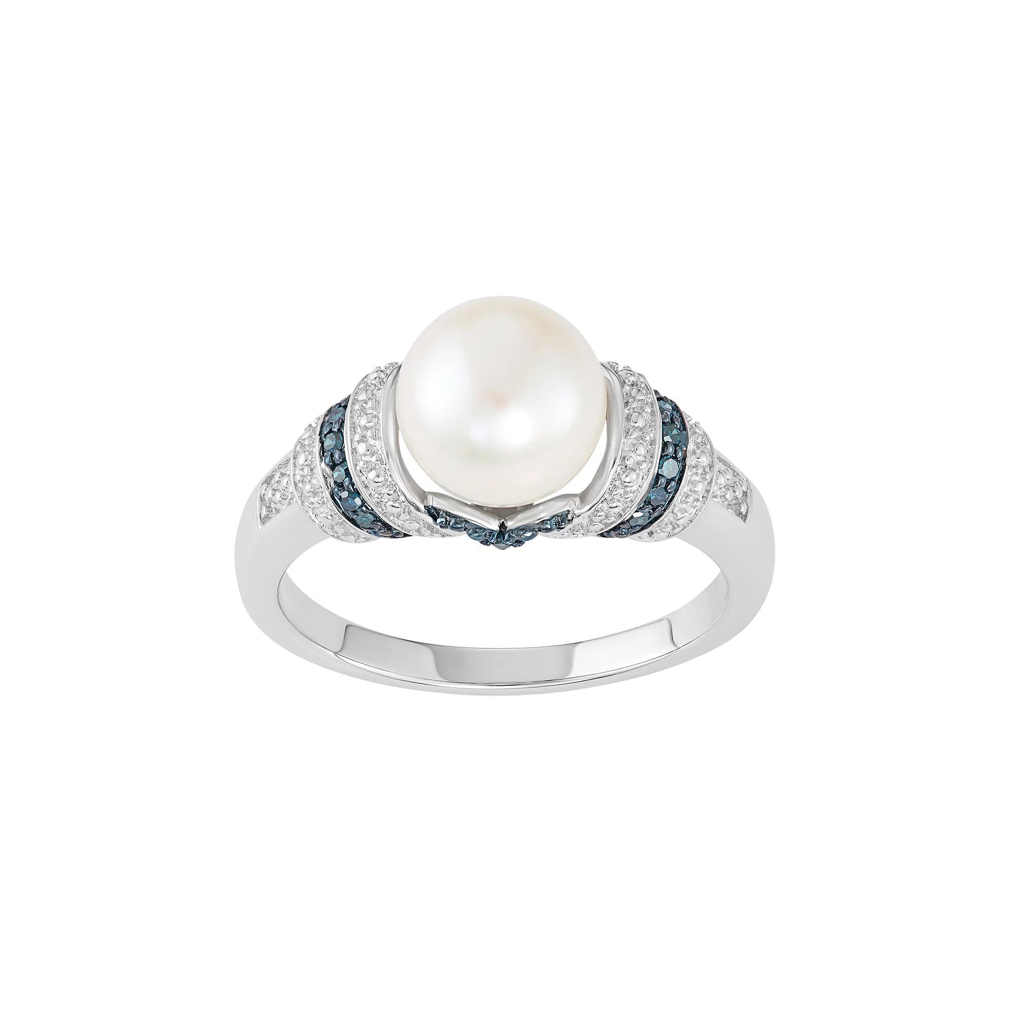 Freshwater Cultured Pearl & Blue Diamond Accent Sterling Silver Striped Ring, Women's, Size: 8 Product Image