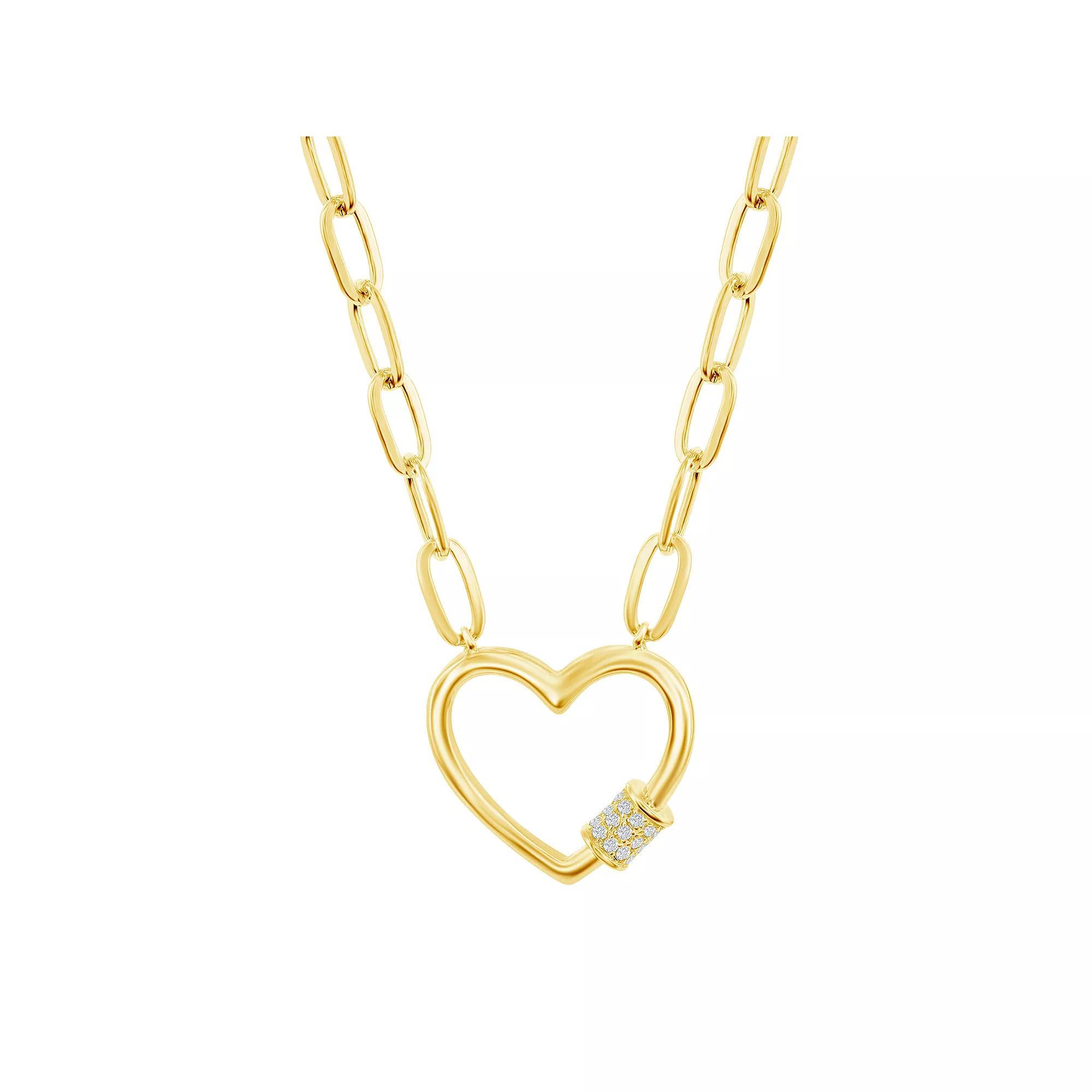 14k Gold Over Silver Cubic Zirconia Heart Paper Clip Necklace, Women's, Gold Tone Product Image