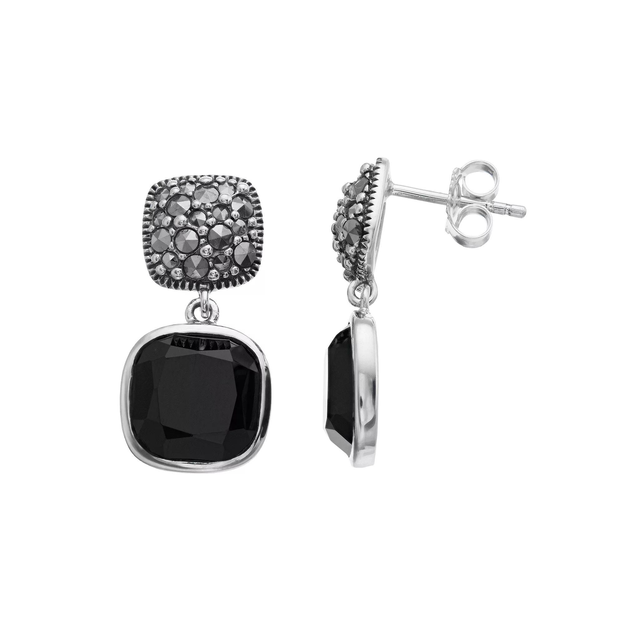Lavish by TJM Sterling Silver Black Onyx & Marcasite Dangle Earrings, Women's Product Image