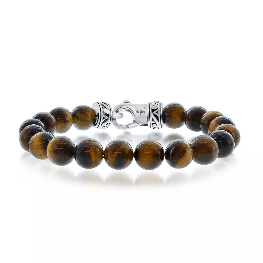 Men's Metallo Stainless Steel Genuine Stone 10mm Bead Bracelet, Size: 8.5", Tiger Eye Product Image