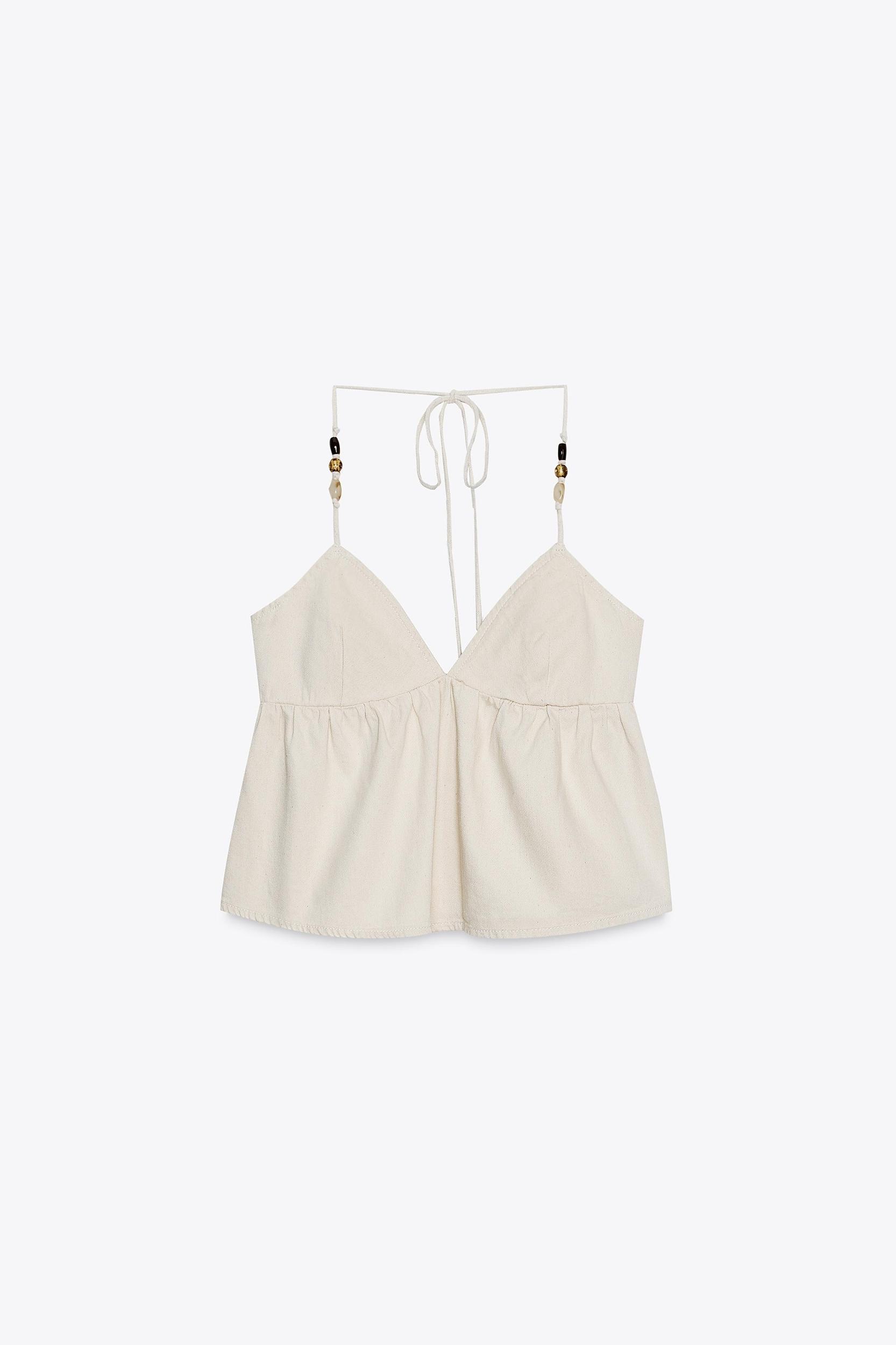 BEADED DENIM HALTER TOP Product Image