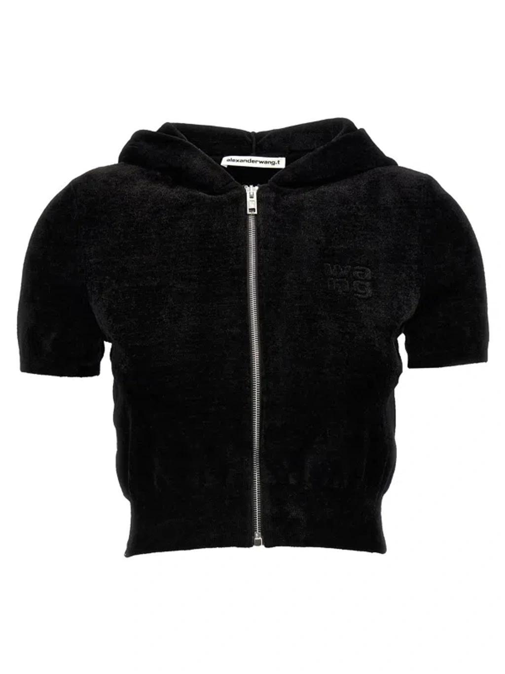 ALEXANDER WANG T Logo Chenille Cropped Hoodie In Black Product Image