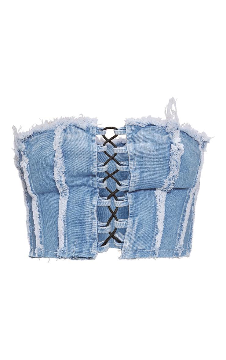 Mid Blue Wash Lace Front Distressed Edge Denim Bandeau Top Product Image