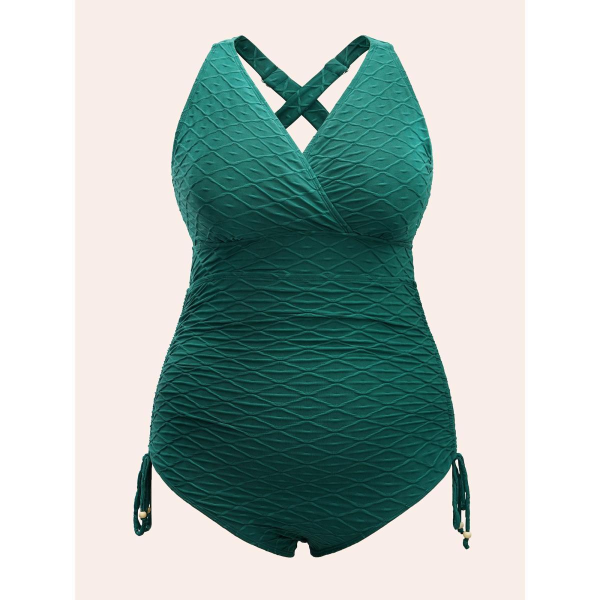 Plus Size Geo Plisse Drawstring Side One Piece Swimsuit Women's Swimwear Emerald Beach Non Curve Bathing Suits High stretch One Pieces BloomChic 30/6X Product Image