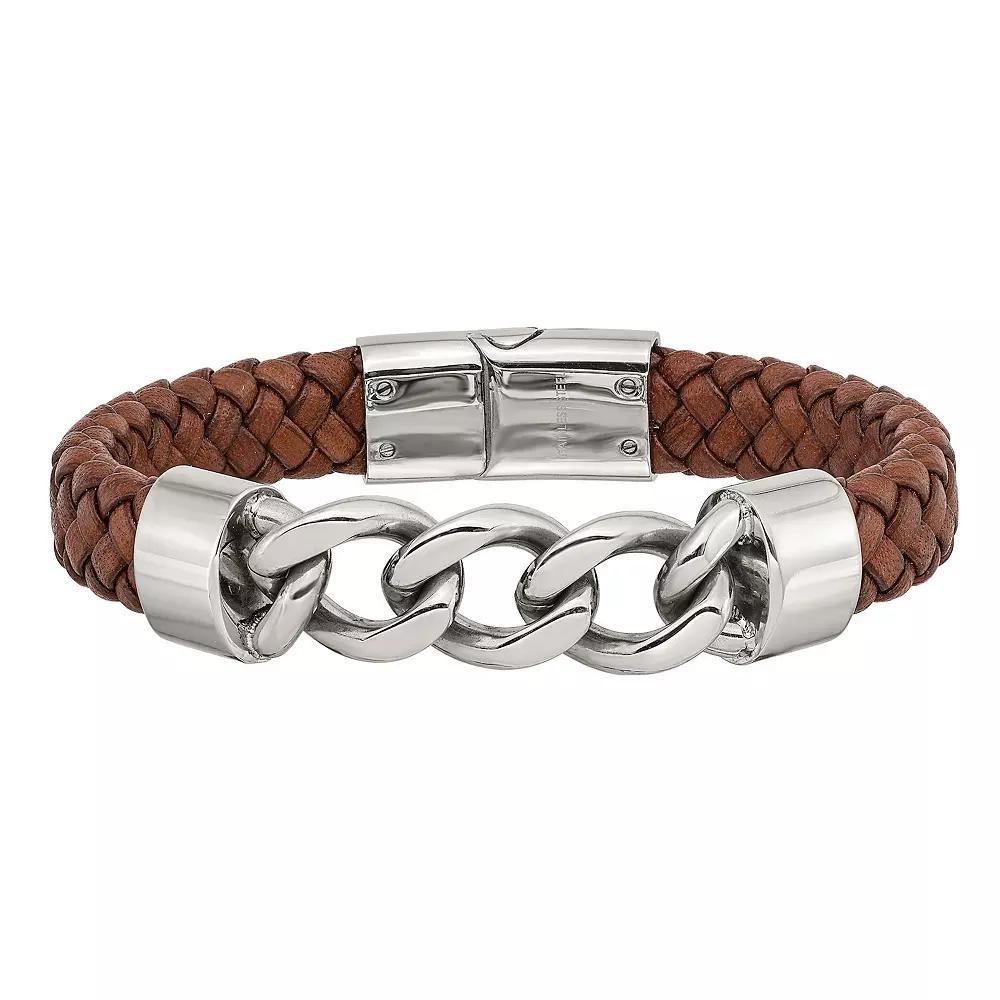 Mens Stainless Steel Polished Chain and Brown Leather Bracelet Product Image