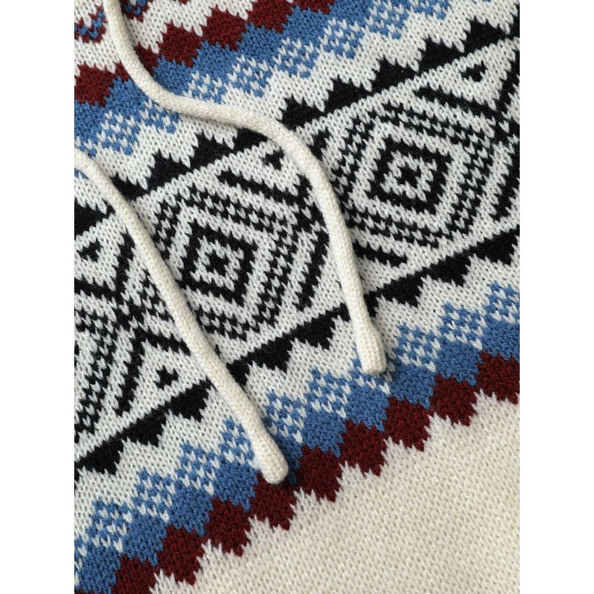 Plus Size Geometric Jacquard Drop Shoulder Drawstring Pullover Ivory Women Casual Loose Long Sleeve Hooded Everyday Pullovers BloomChic 30/6X Product Image