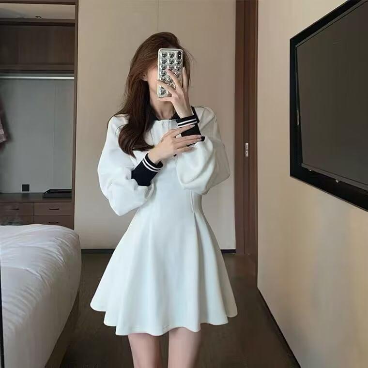 Long Sleeve Two Tone Mini A-Line Polo Dress Product Image