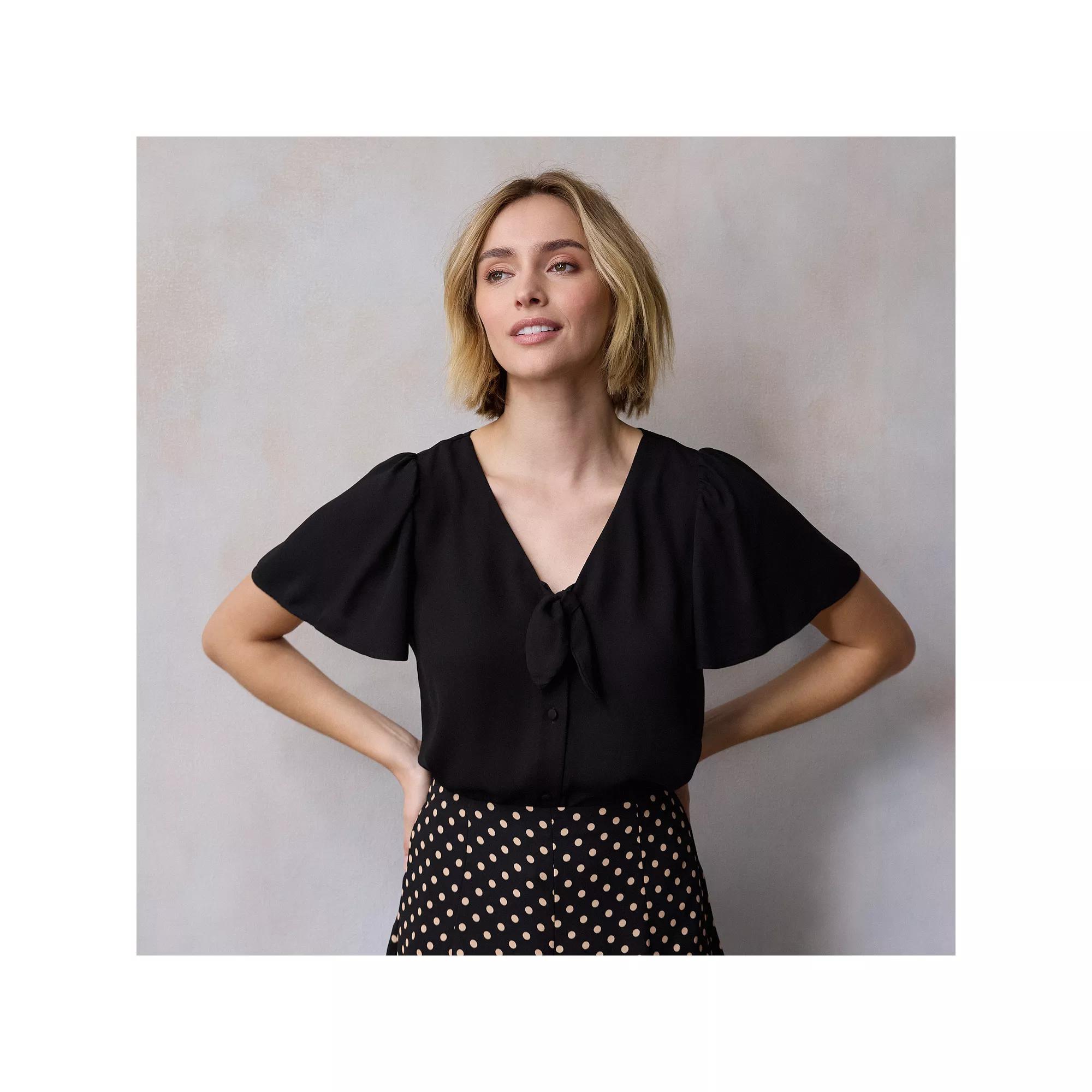 Petite LC Lauren Conrad Tie-Front Flutter Sleeve Top, Women's, Size: Medium Petite, Black Product Image
