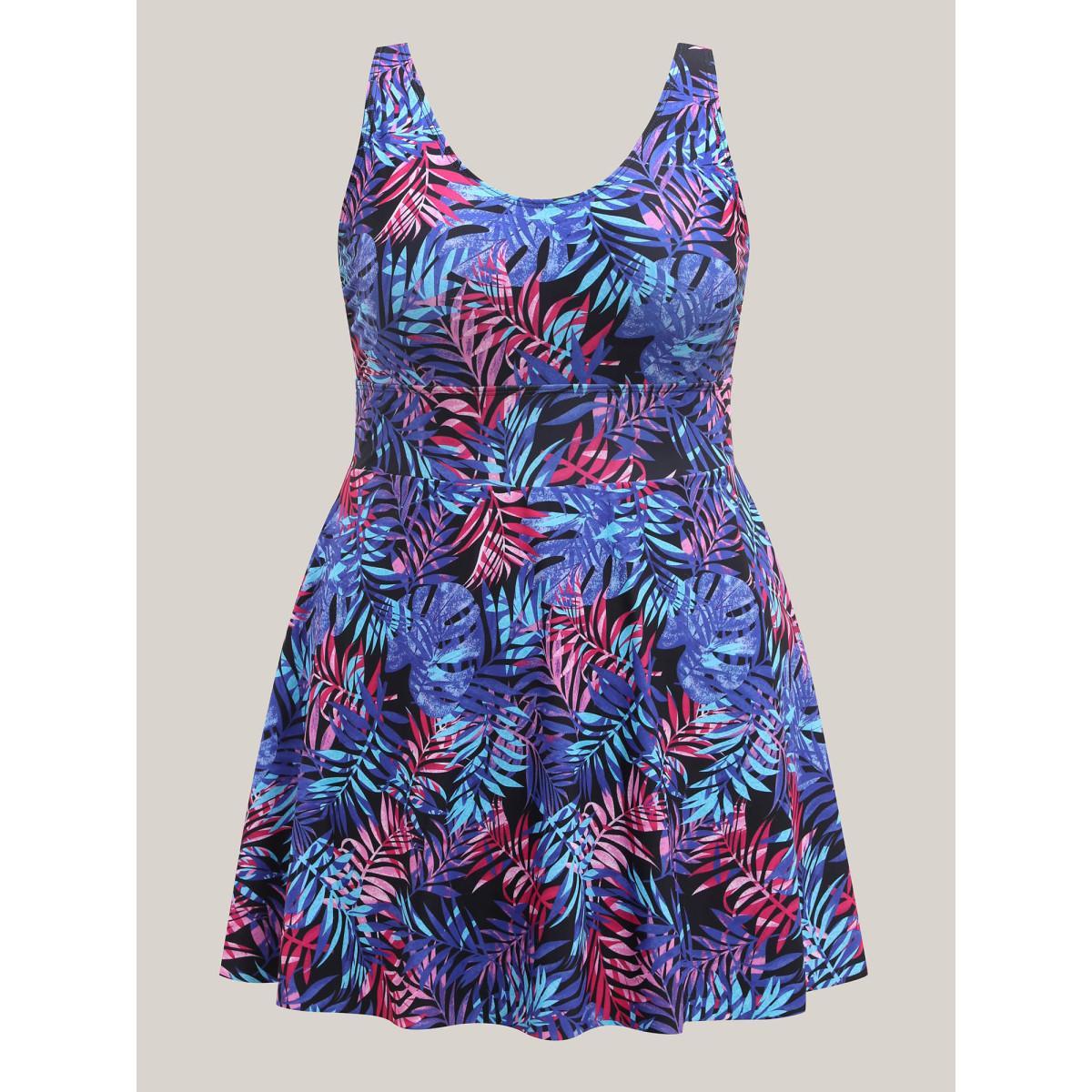 Plus Size Tropical Floral Print Split Swim Dress Women's Swimwear Navy Beach Bodycon U-neck High stretch Curve Swim Dresses BloomChic 14-16/1X Product Image