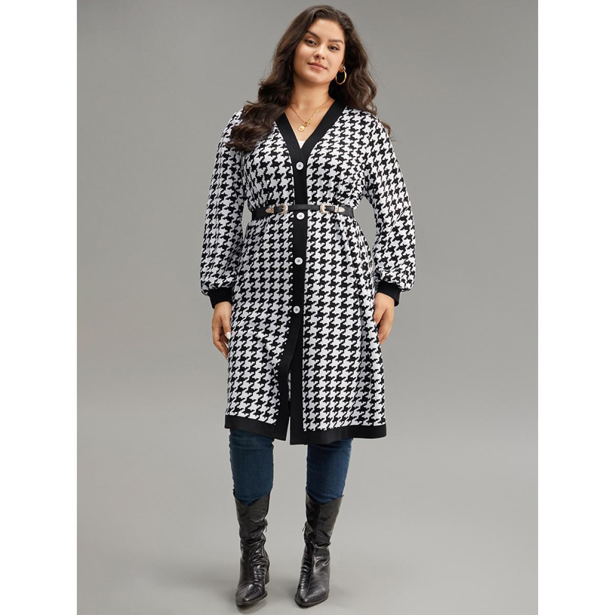 Plus Size Houndstooth Button Through Contrast Trim Jacket Women Black Contrast Dailywear Jackets BloomChic 18-20/2X Product Image