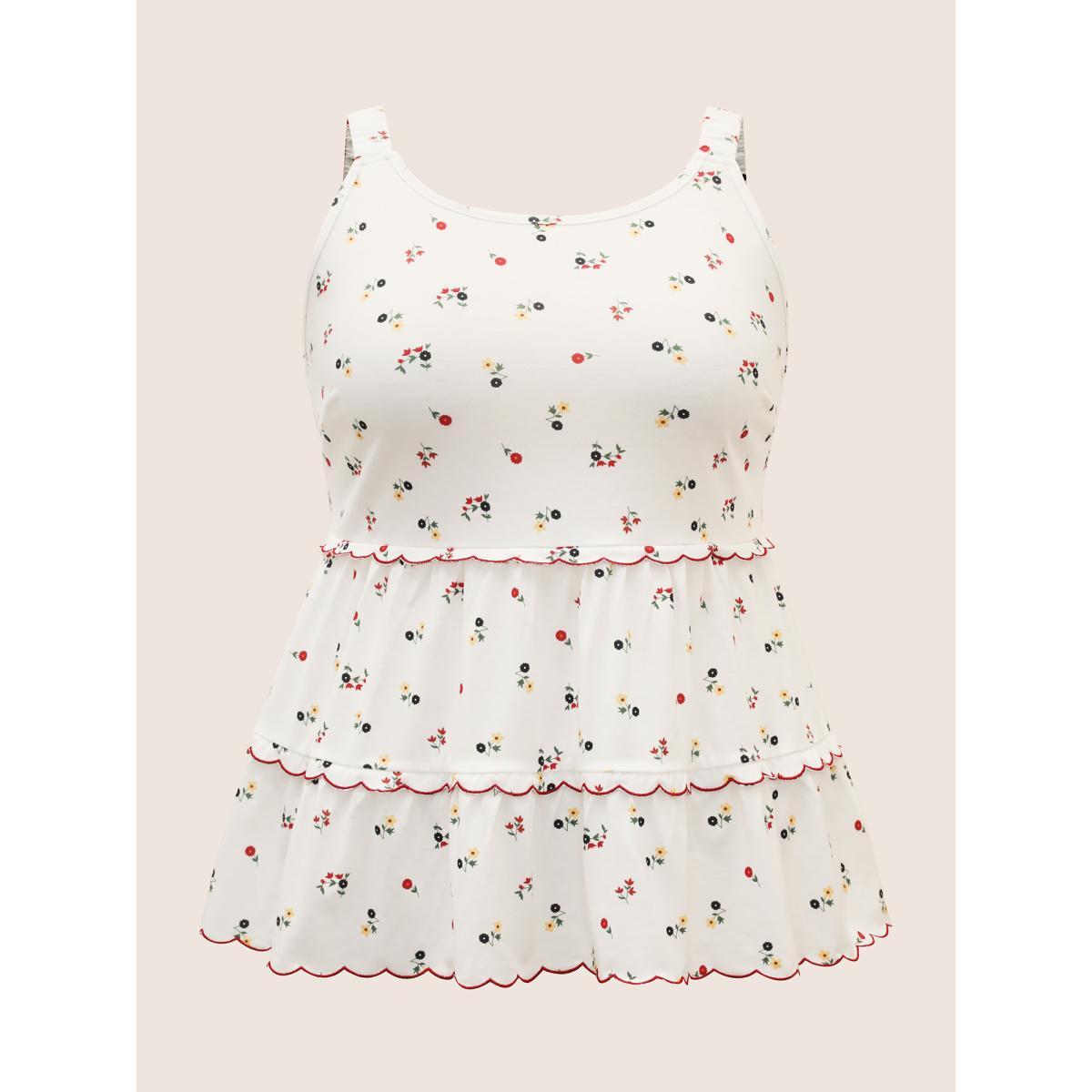 Plus Size Ditsy Floral Tiered Hem Scalloped Trim Cami Top Women Originalwhite Elegant Contrast Non Everyday Tank Tops Camis BloomChic 22-24/3X Product Image