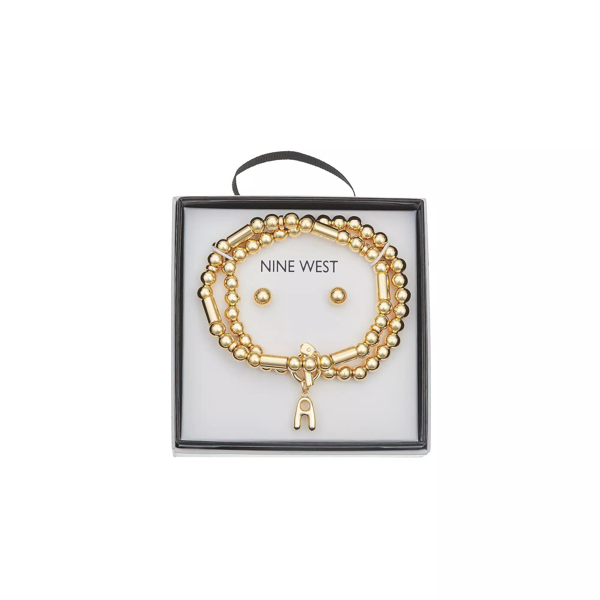 Nine West Gold Tone Initial Bracelet & Stud Earring Set, Womens, Gold Tone A Product Image
