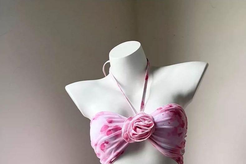 Set: Floral Print Bikini Top + Bottom + Cover-Up Skirt Product Image