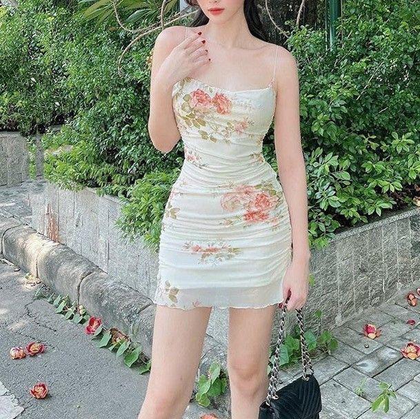 Spaghetti Strap Floral Print Mesh Mini Bodycon Dress Product Image