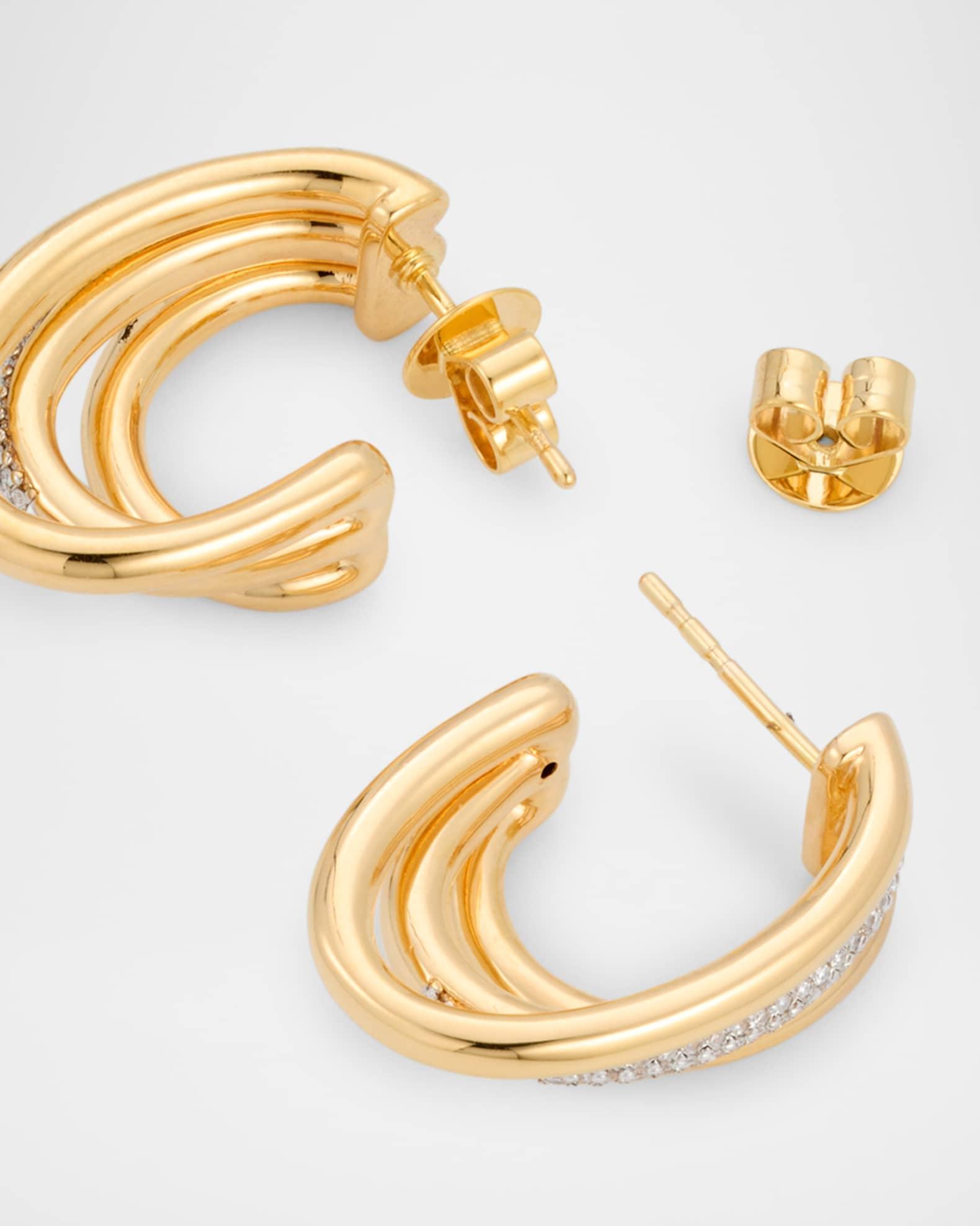 14K Yellow Gold Triple Diamond Oval Hoop Earrings Product Image