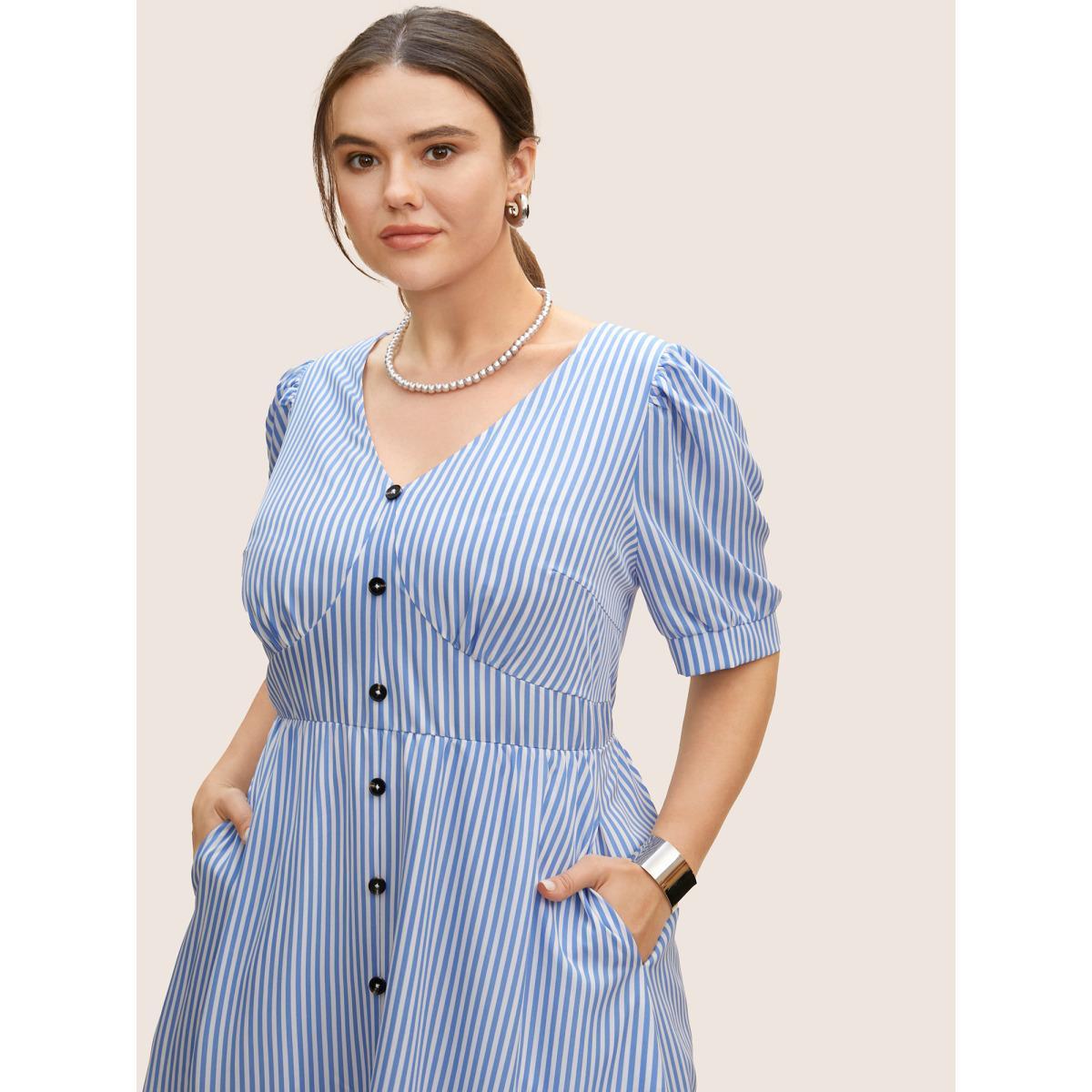 Plus Size Striped Puff Sleeve Button Detail Midi Dress Skyblue Women At the Office Gathered V-neck Short sleeve Curvy BloomChic 26/4X Product Image