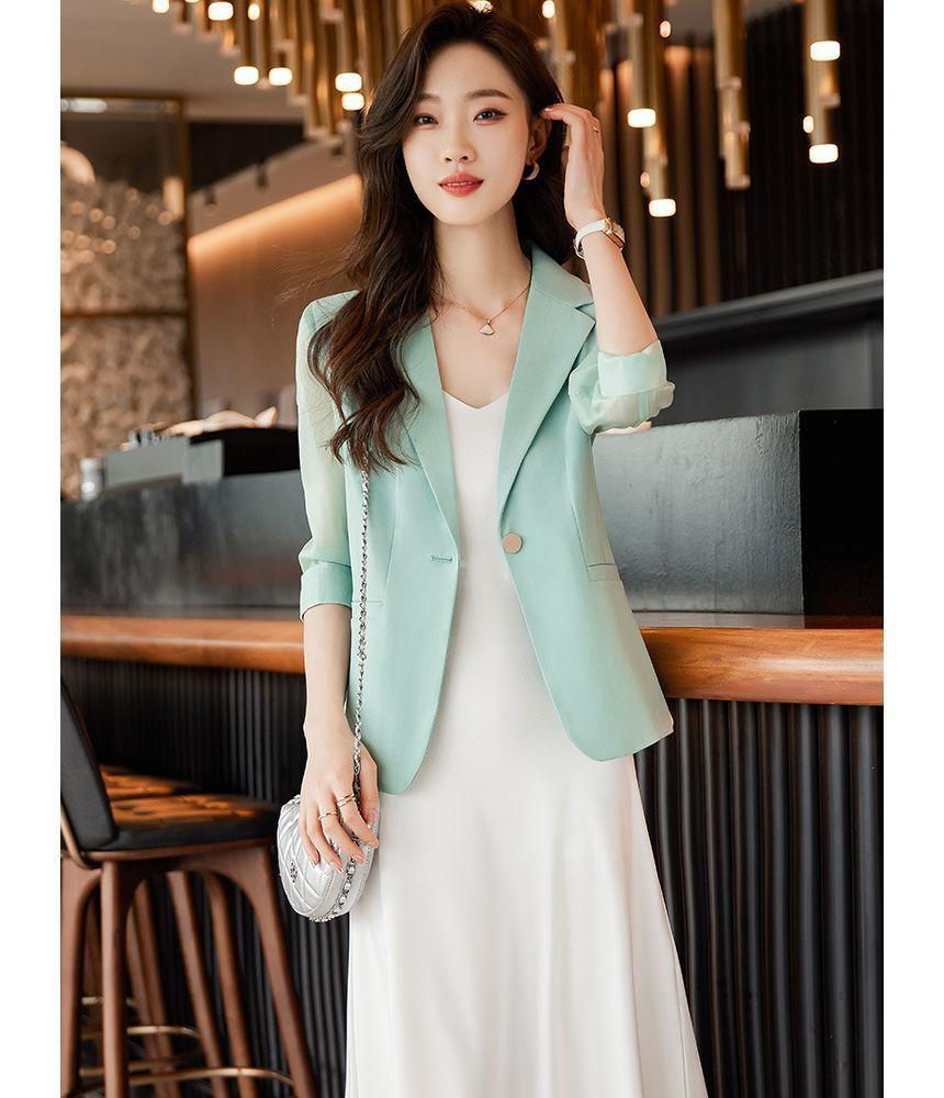 Elbow-Sleeve Plain Single-Button Blazer Product Image