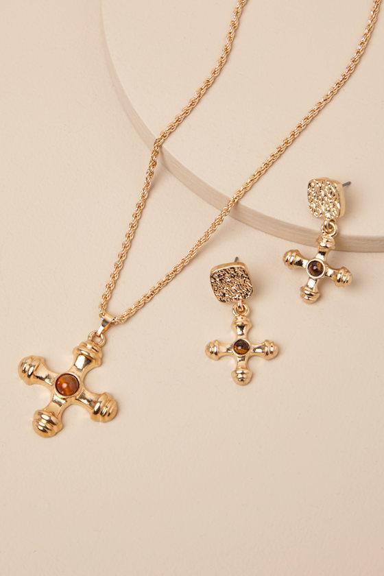 Justina Gold Cross Necklace and Earring Set Product Image
