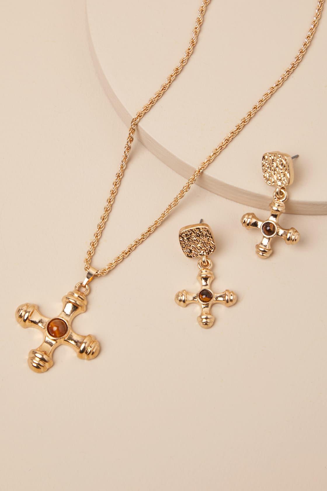 Justina Gold Cross Necklace and Earring Set Product Image