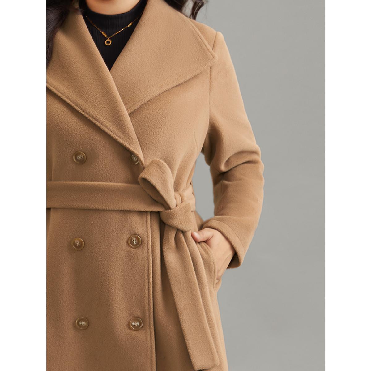 Plus Size Double Breasted Plain Belted Pocket Lapel Collar Coat Women Tan Casual Lined Ladies Dailywear Winter Coats BloomChic 22-24/3X Product Image