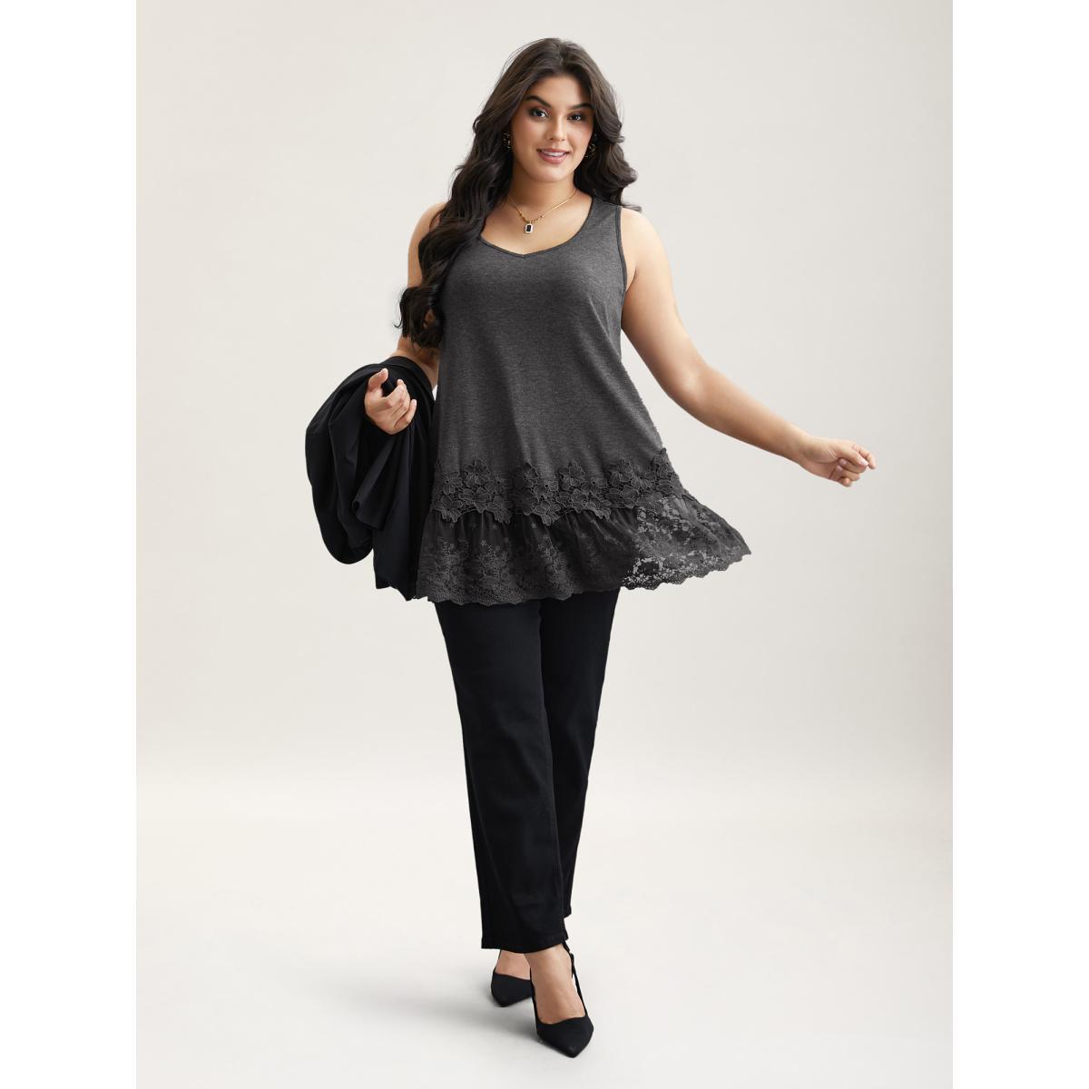 Plus Size Lace Patchwork Plain V-Neck Vest Women DimGray Elegant Woven ribbon&lace trim V-neck Everyday Tank Tops Camis BloomChic 30/6X Product Image