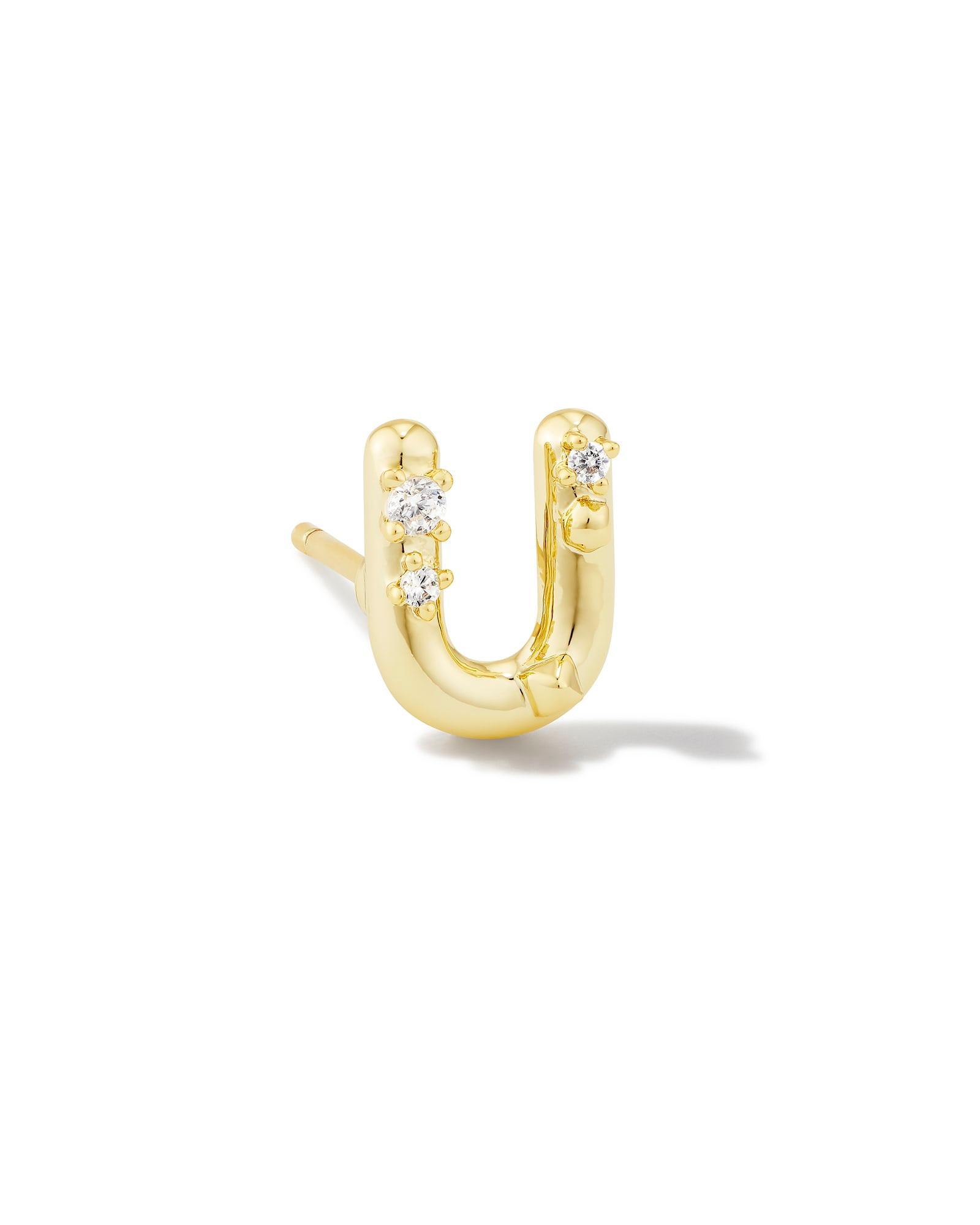 Crystal Letter E Gold Single Stud Earring in White Crystal Product Image