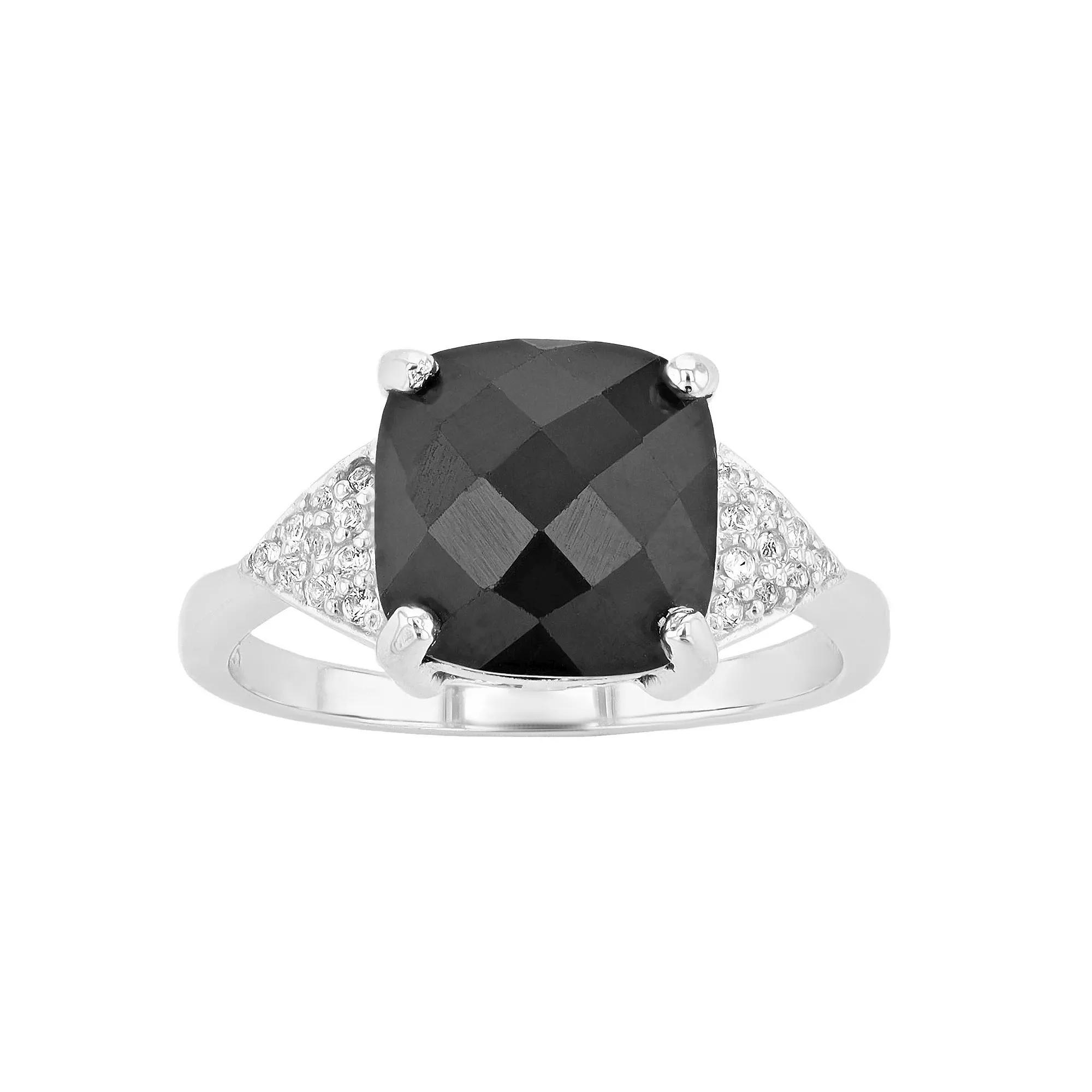 Gemminded Sterling Silver Cushion Cut Onyx & White Topaz Ring, Women's, Size: 7 Product Image