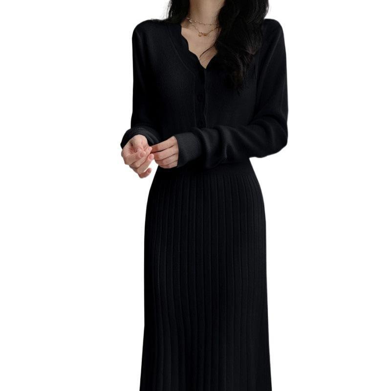 Long-Sleeve Henley Plain Midi A-Line Knit Dress Product Image