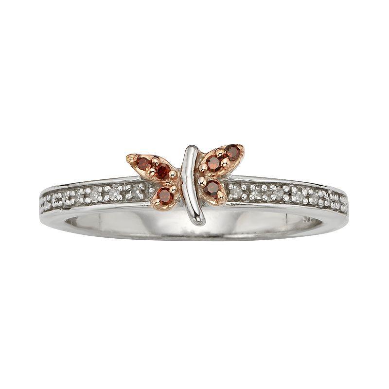 Jewelexcess Sterling Silver 1/10-ct. T.W. Red and White Diamond Butterfly Ring, Women's, Size: 8 Product Image