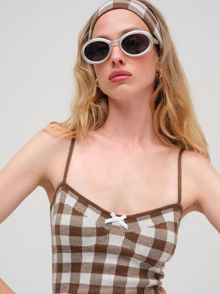 Gingham Knit Mini Dress — Neutral Product Image
