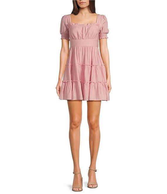 Blu Pepper Square Neck Short Puff Sleeve Tiered A-Line Mini Dress Product Image