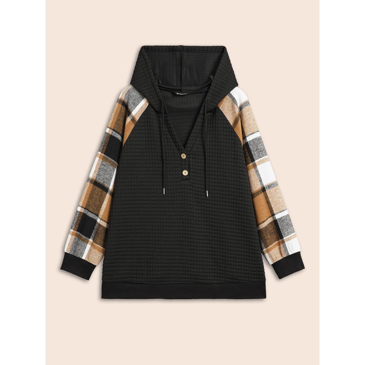 Plus Size Plaid Patchwork Hooded Raglan Sleeve Sweatshirt Women Black Casual Texture Hooded Everyday Sweatshirts BloomChic 10/M Product Image