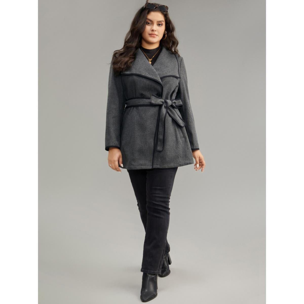 Plus Size Lapel Collar Contrast Trim Belted Button Up Coat Women DimGray Casual Belted Ladies Dailywear Winter Coats BloomChic 22-24/3X Product Image