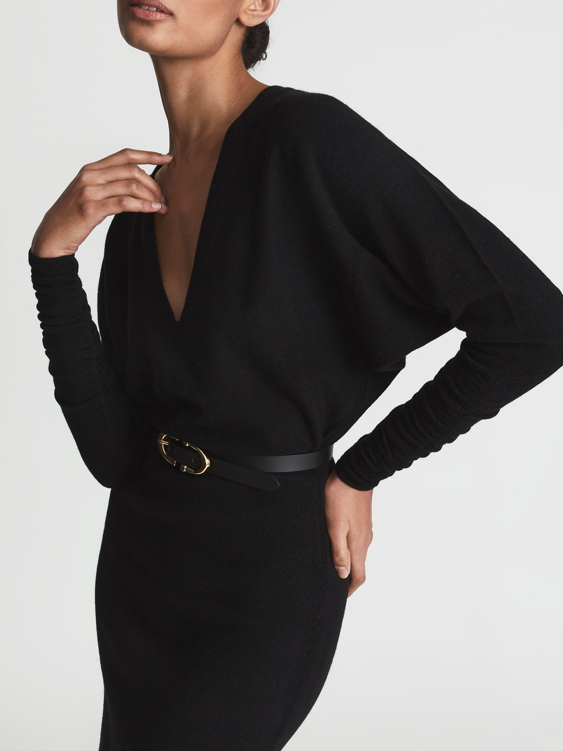 Wool Blend Ruched Sleeve Midi Dress in Black Product Image